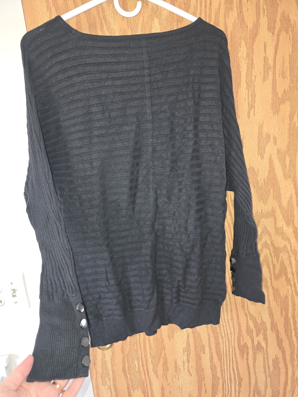 New York & Company Black Ribbed Boatneck Sweater with Button Cuffs